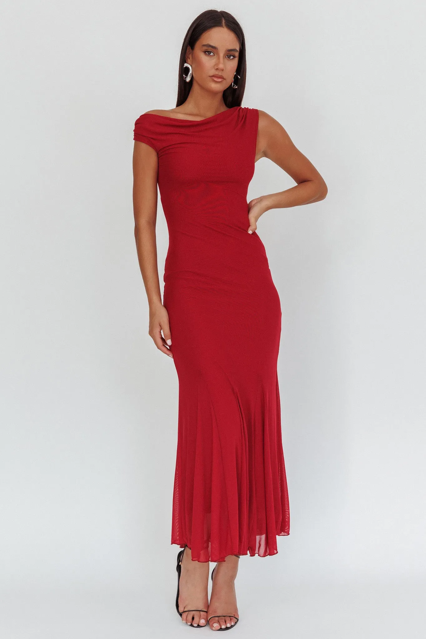 Diana Asymmetric Shoulder Godet Maxi Dress Wine sold by Selfie Leslie