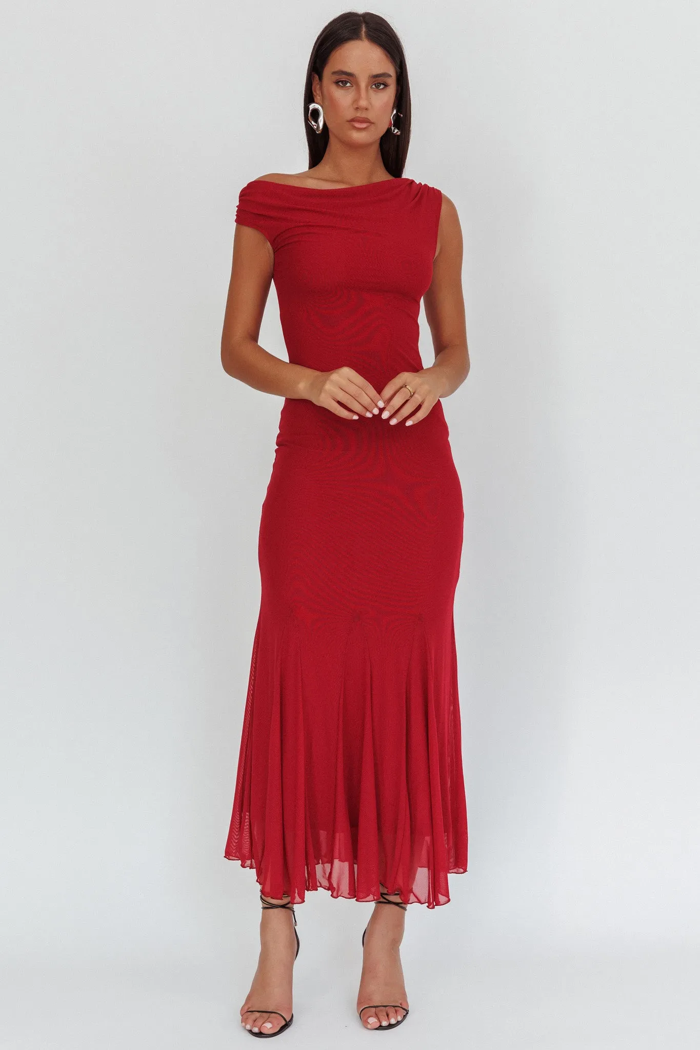Diana Asymmetric Shoulder Godet Maxi Dress Wine sold by Selfie Leslie product image thumbnail 5