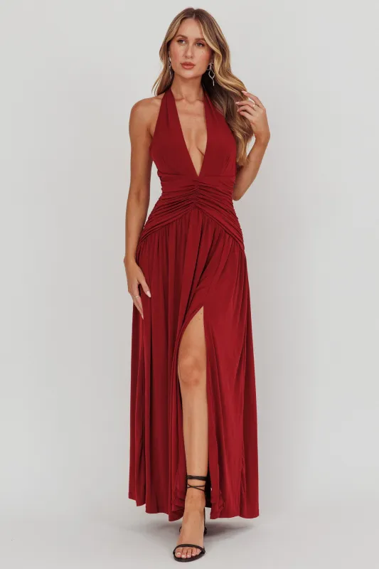 Italia Azure Gathered Waist Maxi Dress Wine sold by Selfie Leslie