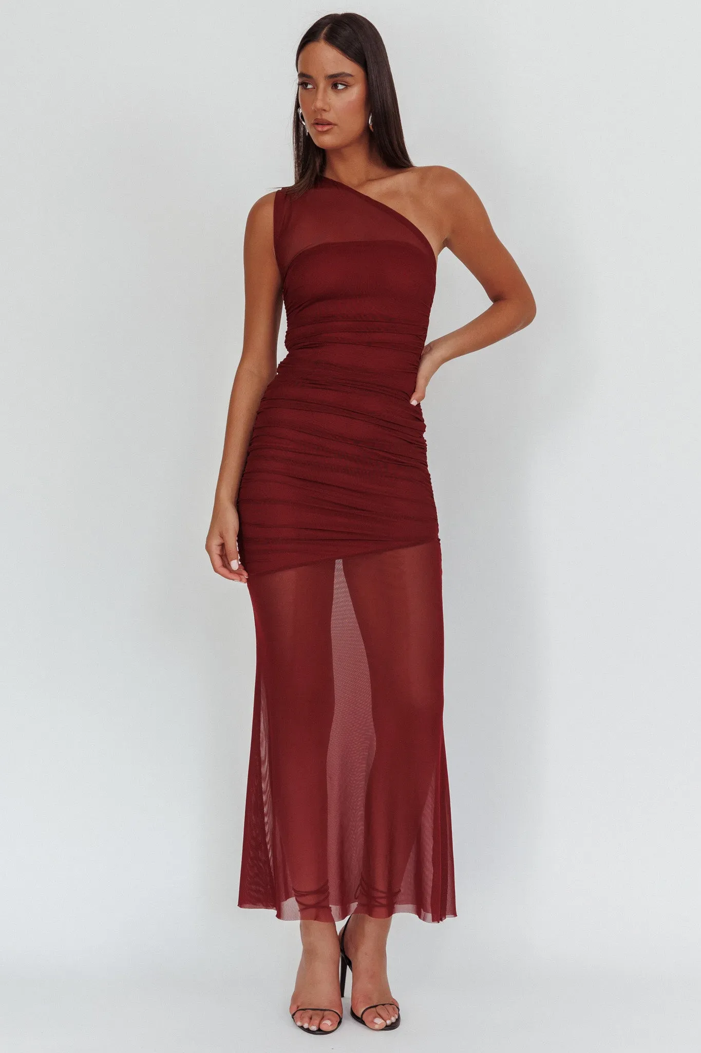 Verity One-Shoulder Sheer Maxi Dress Wine sold by Selfie Leslie product image thumbnail 5