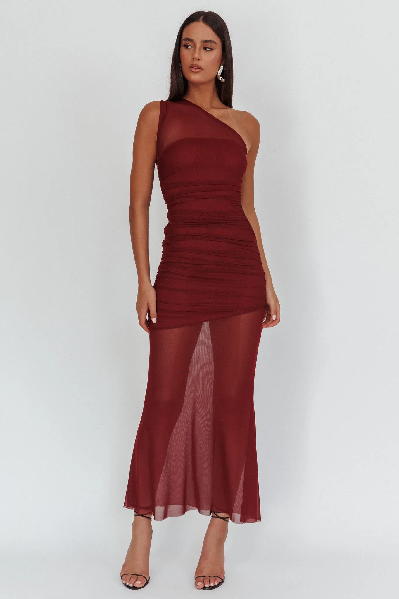 Verity One-Shoulder Sheer Maxi Dress Wine sold by Selfie Leslie