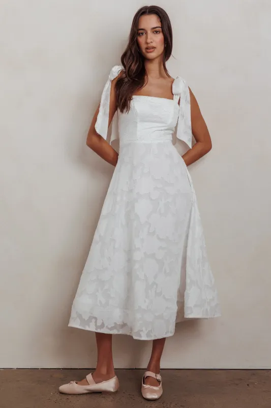 Jeanie Bow Shoulder Midi Dress Embossed White sold by Selfie Leslie