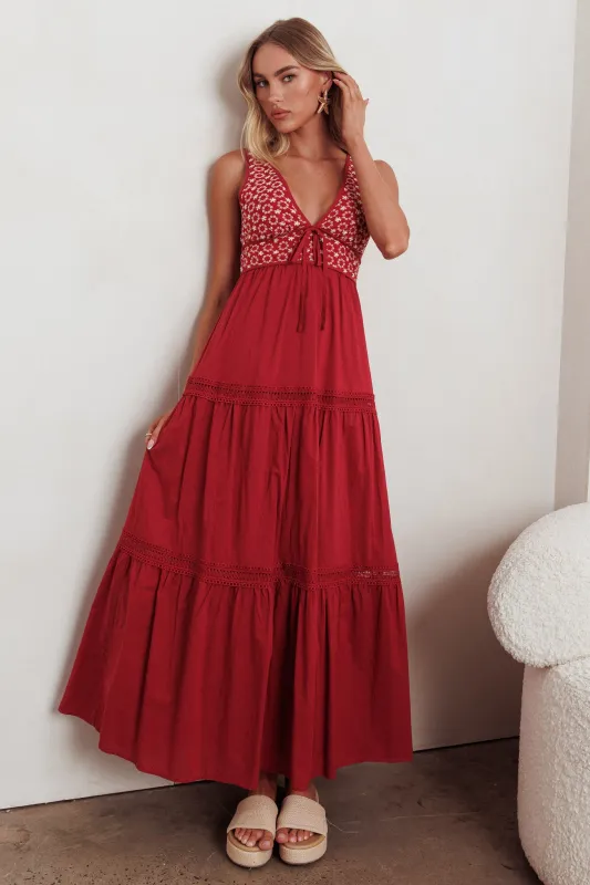 Joycelin V-Neck Eyelet Maxi Dress Red sold by Selfie Leslie