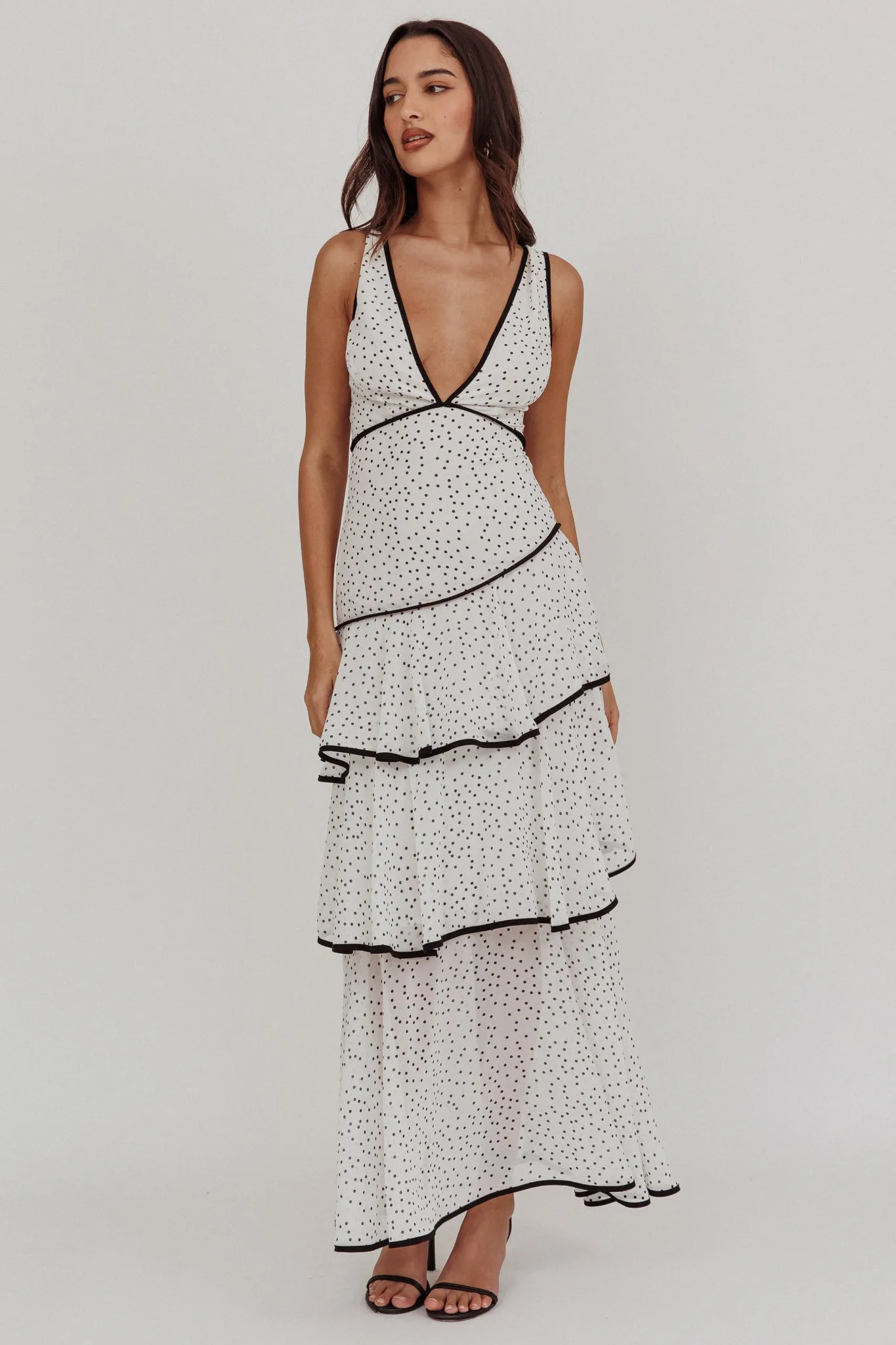 Veda Strappy Back Ruffle Maxi Dress Polka Dot White sold by Selfie Leslie product image thumbnail 5