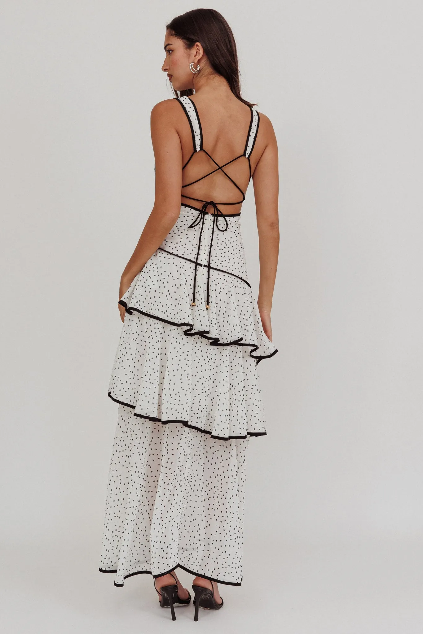 Veda Strappy Back Ruffle Maxi Dress Polka Dot White sold by Selfie Leslie product image thumbnail 3
