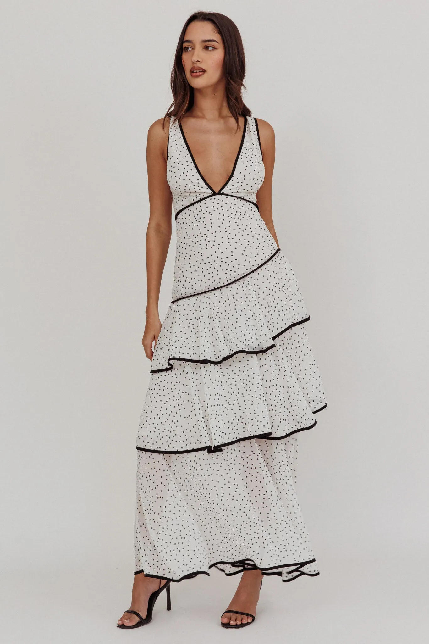 Veda Strappy Back Ruffle Maxi Dress Polka Dot White sold by Selfie Leslie product image thumbnail 2