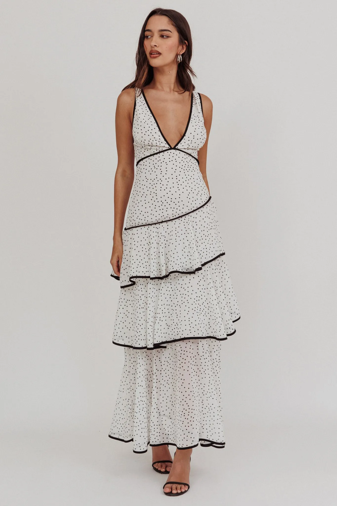 Veda Strappy Back Ruffle Maxi Dress Polka Dot White sold by Selfie Leslie