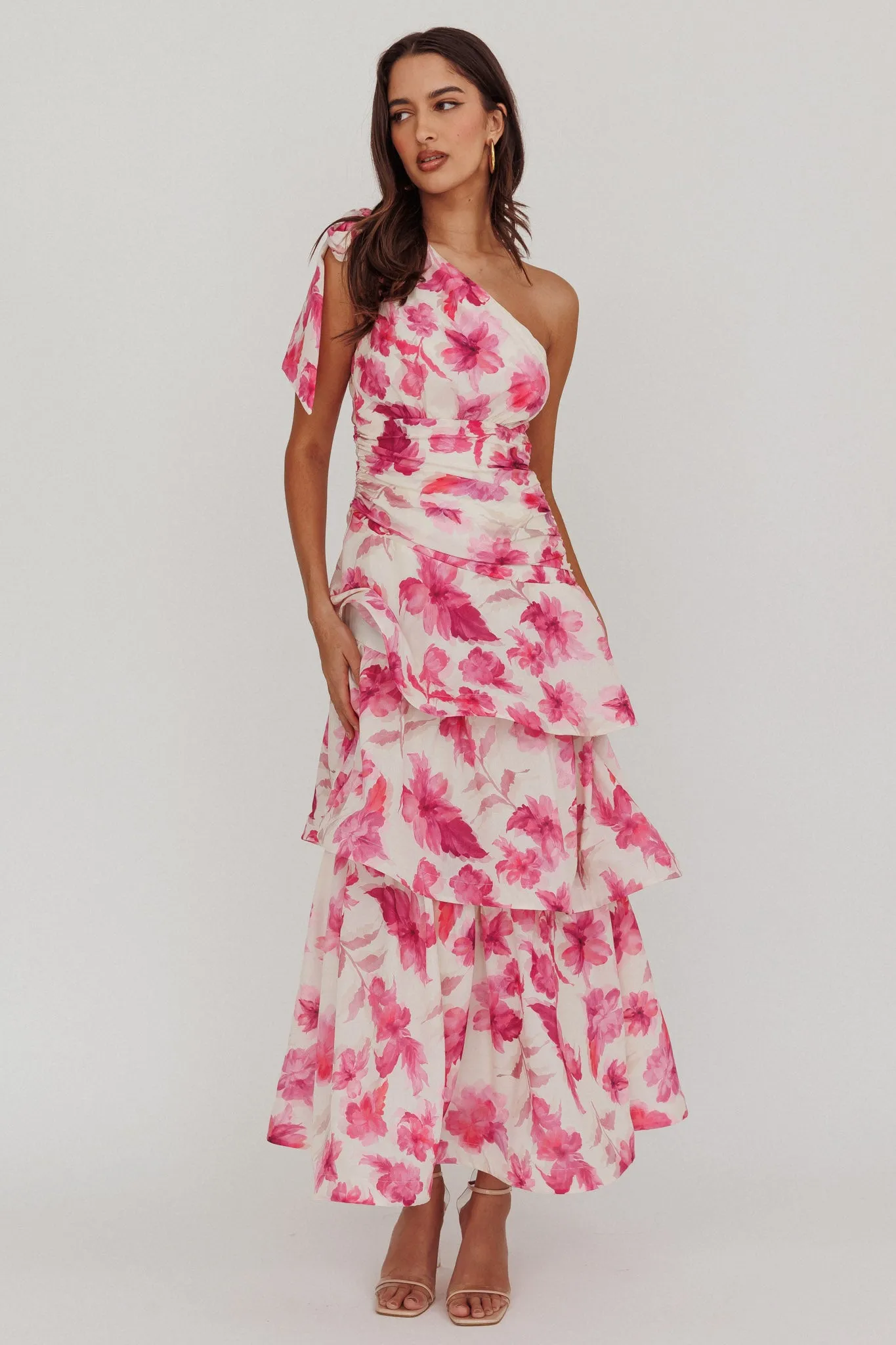 Kenny One Shoulder Tiered Floral Maxi Dress Pink sold by Selfie Leslie