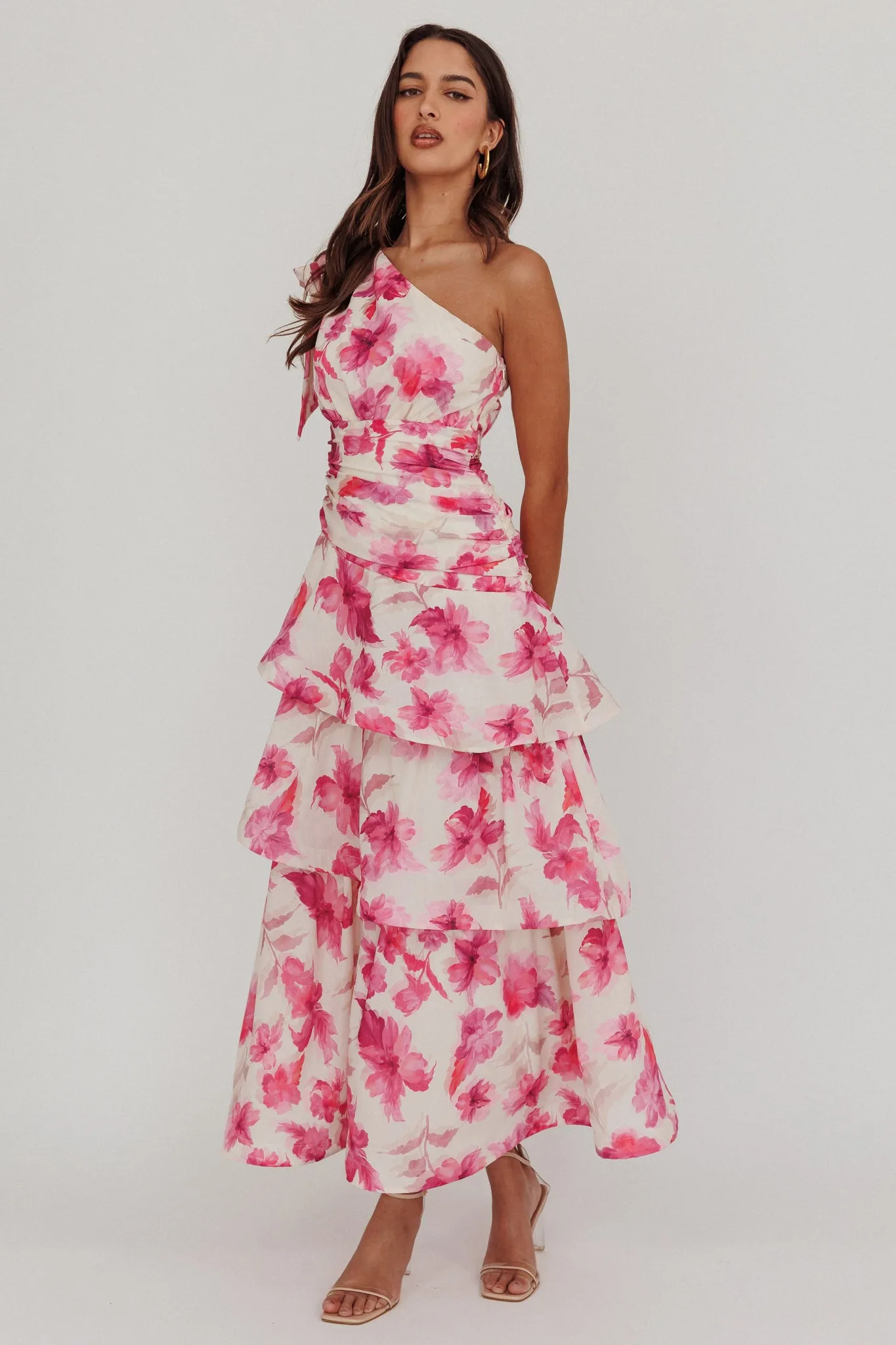Kenny One Shoulder Tiered Floral Maxi Dress Pink sold by Selfie Leslie product image thumbnail 4