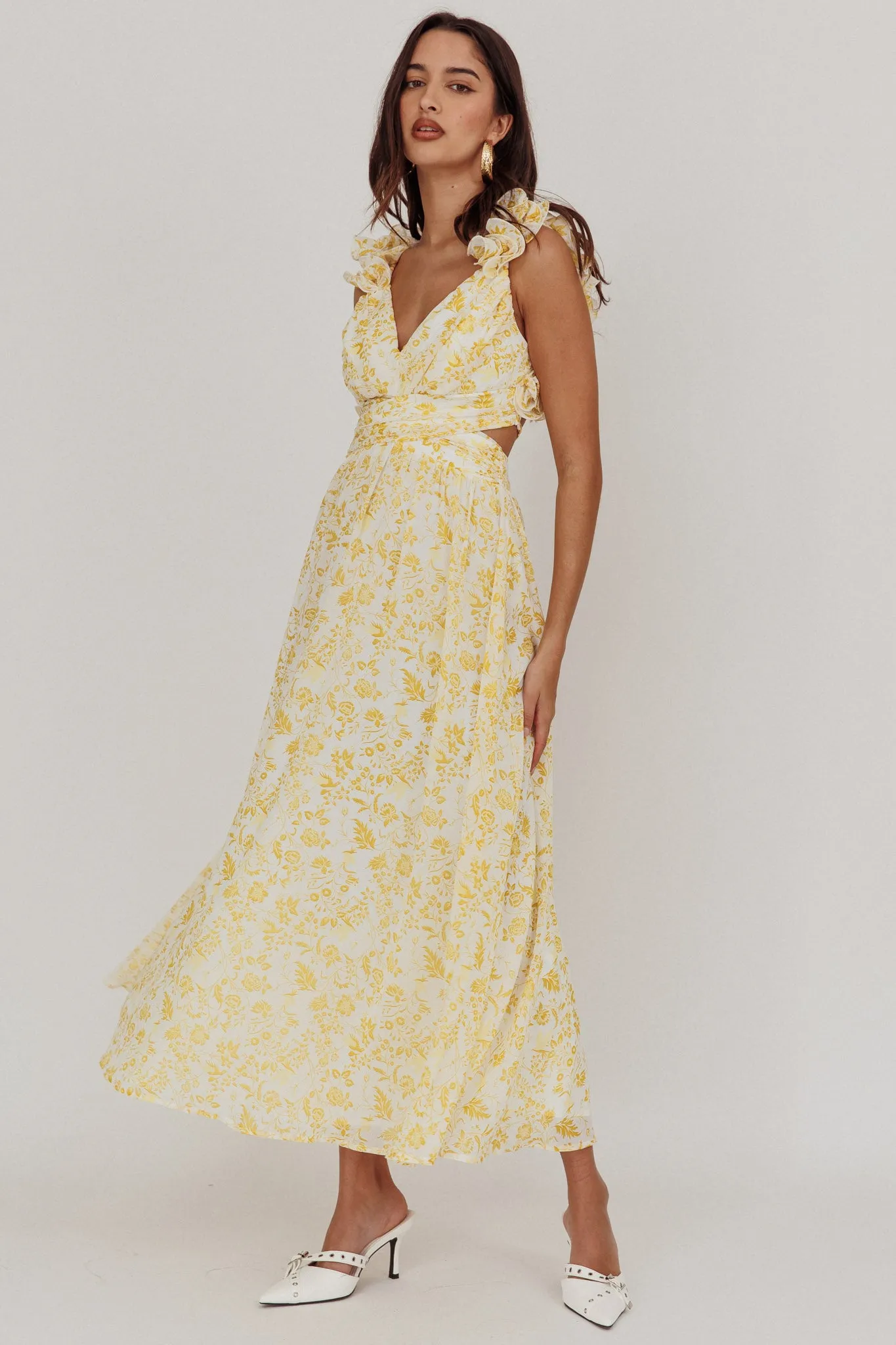 Madara Lace-Up Back Maxi Dress Floral Yellow sold by Selfie Leslie product image thumbnail 5