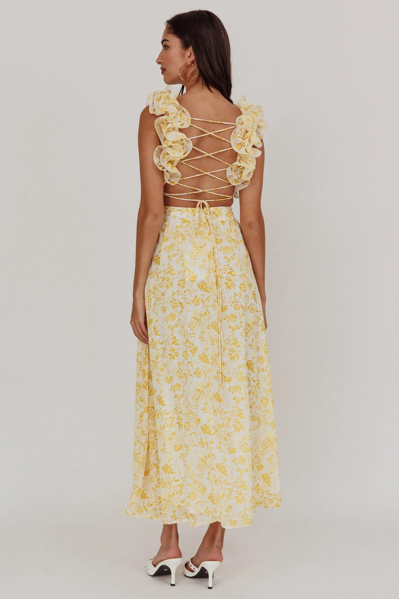 Madara Lace-Up Back Maxi Dress Floral Yellow sold by Selfie Leslie product image thumbnail 2