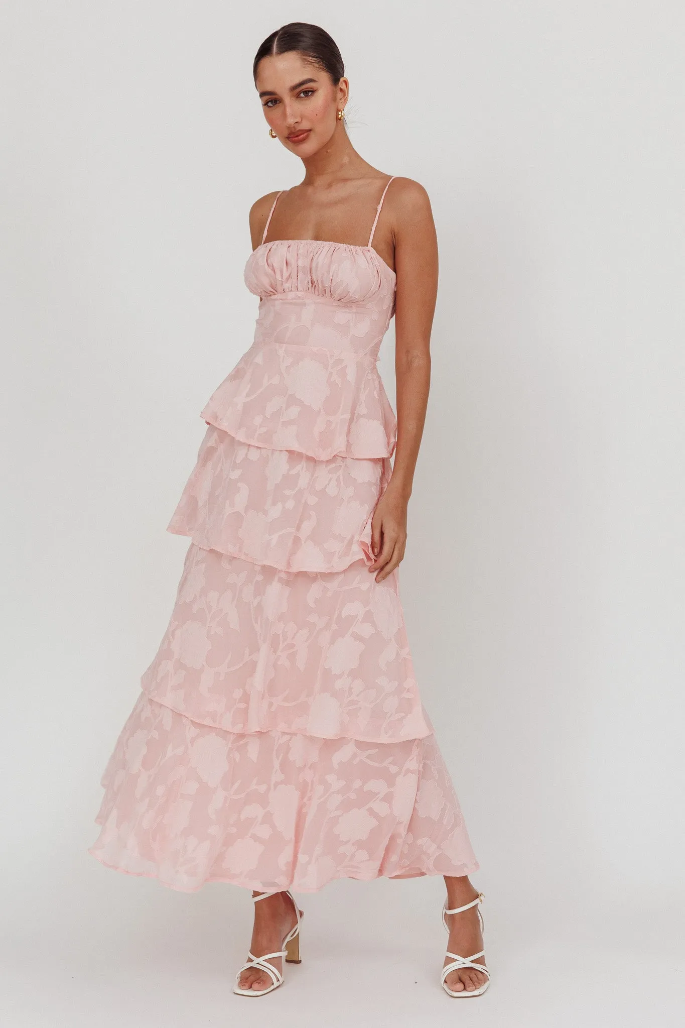 Provence Bloom Tiered Maxi Dress Jacquard Pink sold by Selfie Leslie