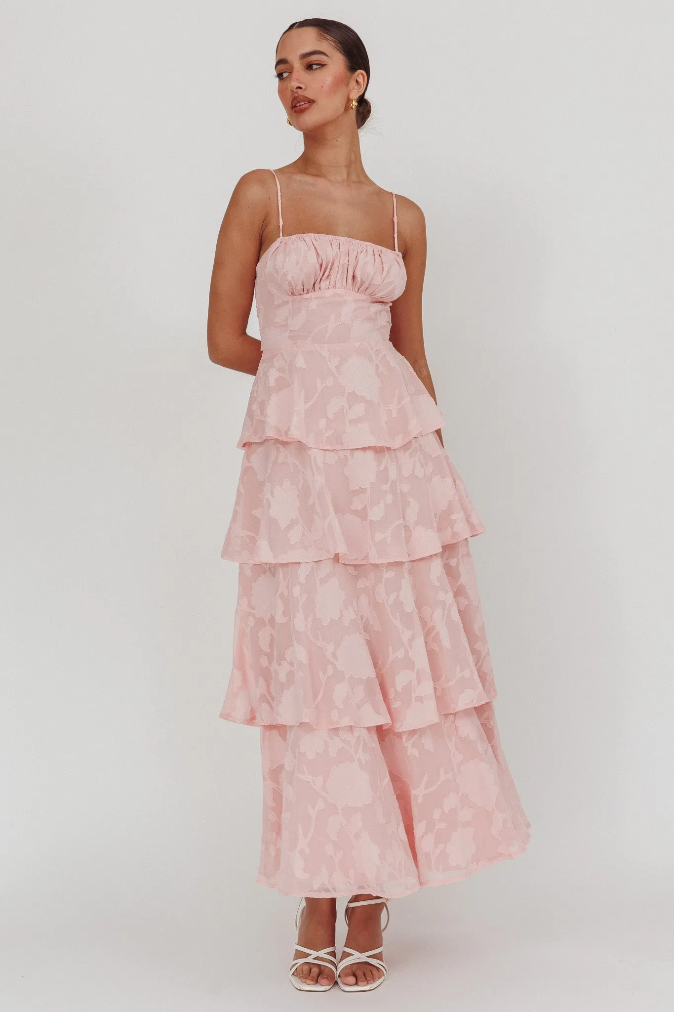 Provence Bloom Tiered Maxi Dress Jacquard Pink sold by Selfie Leslie product image thumbnail 4