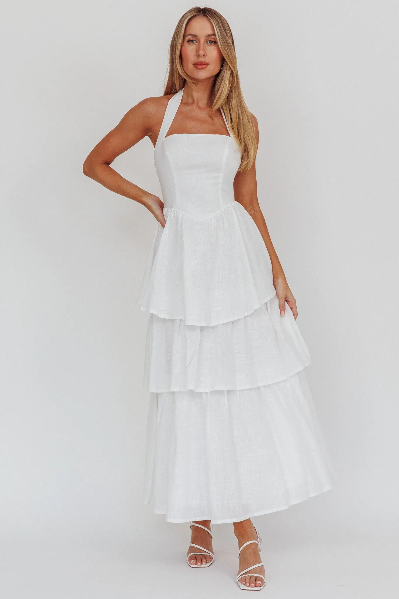 Shaya Tiered Ruffle Maxi Dress White sold by Selfie Leslie