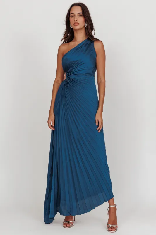 Amelie One-Shoulder Accordion Pleat Maxi Dress Teal sold by Selfie Leslie