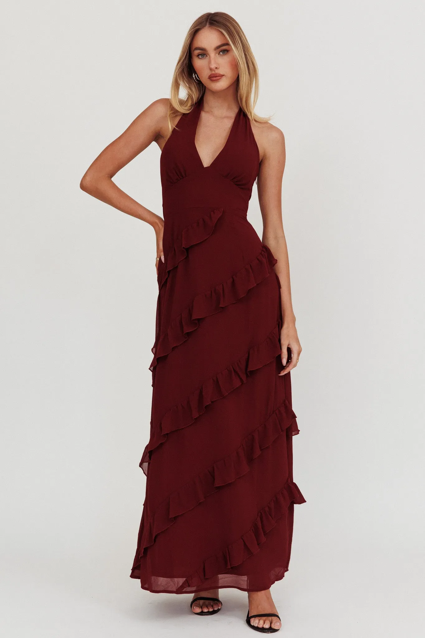 Flirt Frill Trim Halter Maxi Dress Wine sold by Selfie Leslie product image thumbnail 5