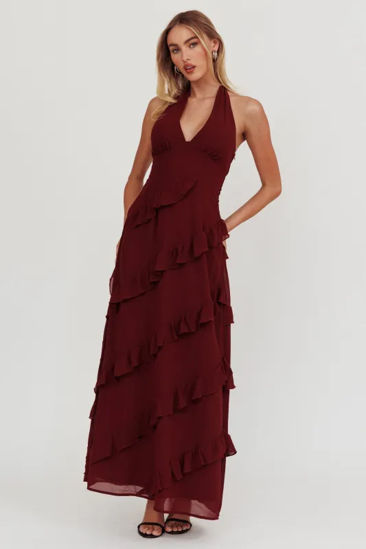 Flirt Frill Trim Halter Maxi Dress Wine sold by Selfie Leslie