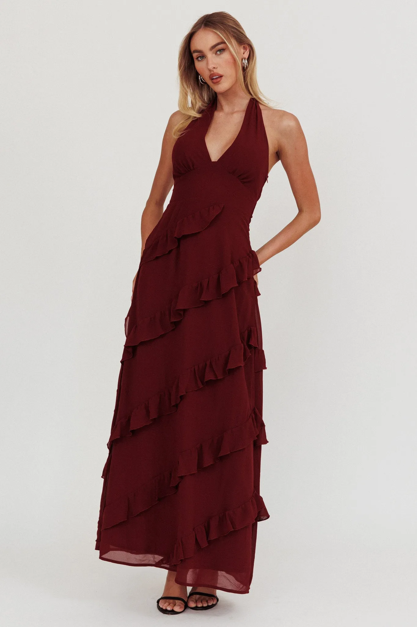 Flirt Frill Trim Halter Maxi Dress Wine sold by Selfie Leslie