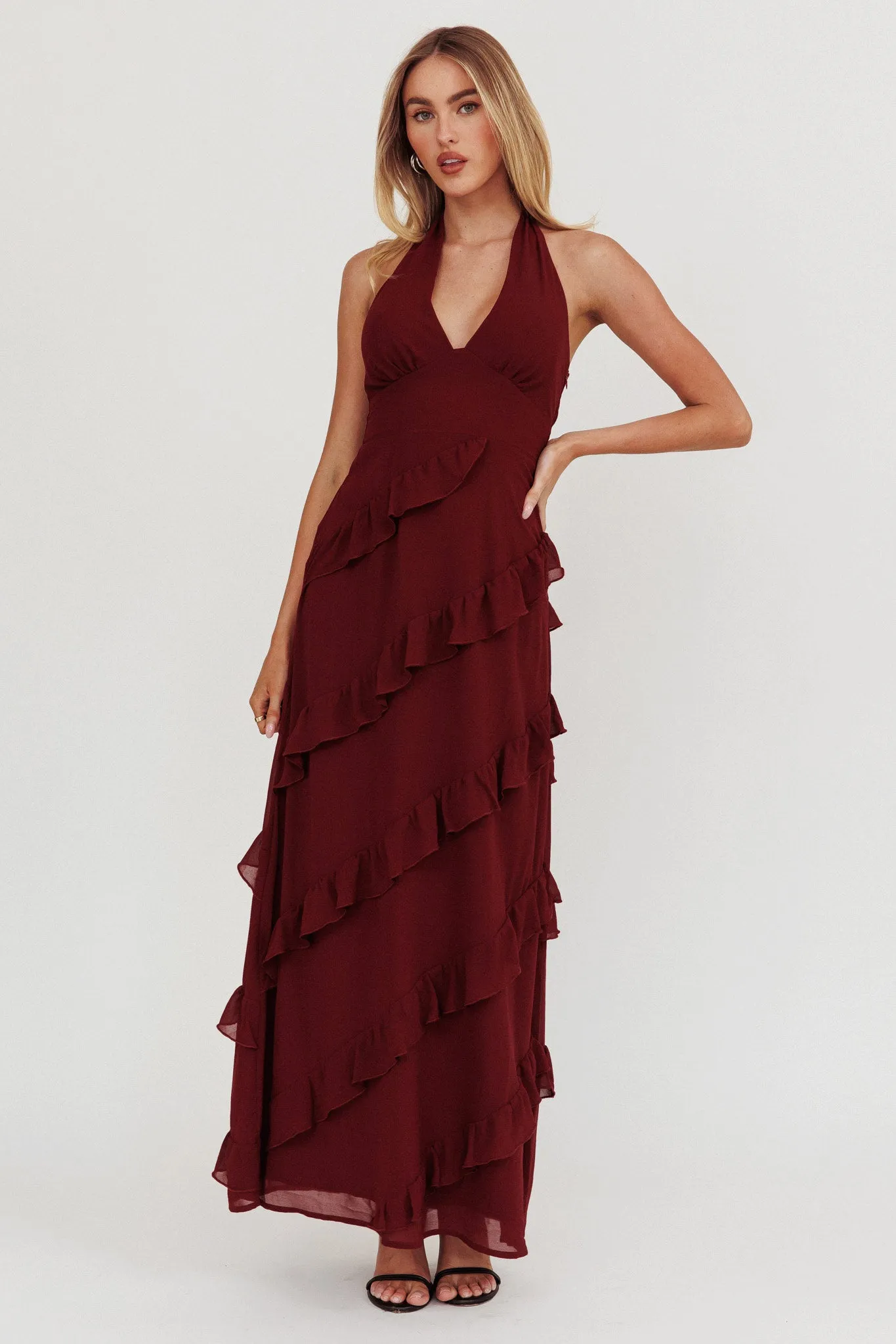 Flirt Frill Trim Halter Maxi Dress Wine sold by Selfie Leslie product image thumbnail 4