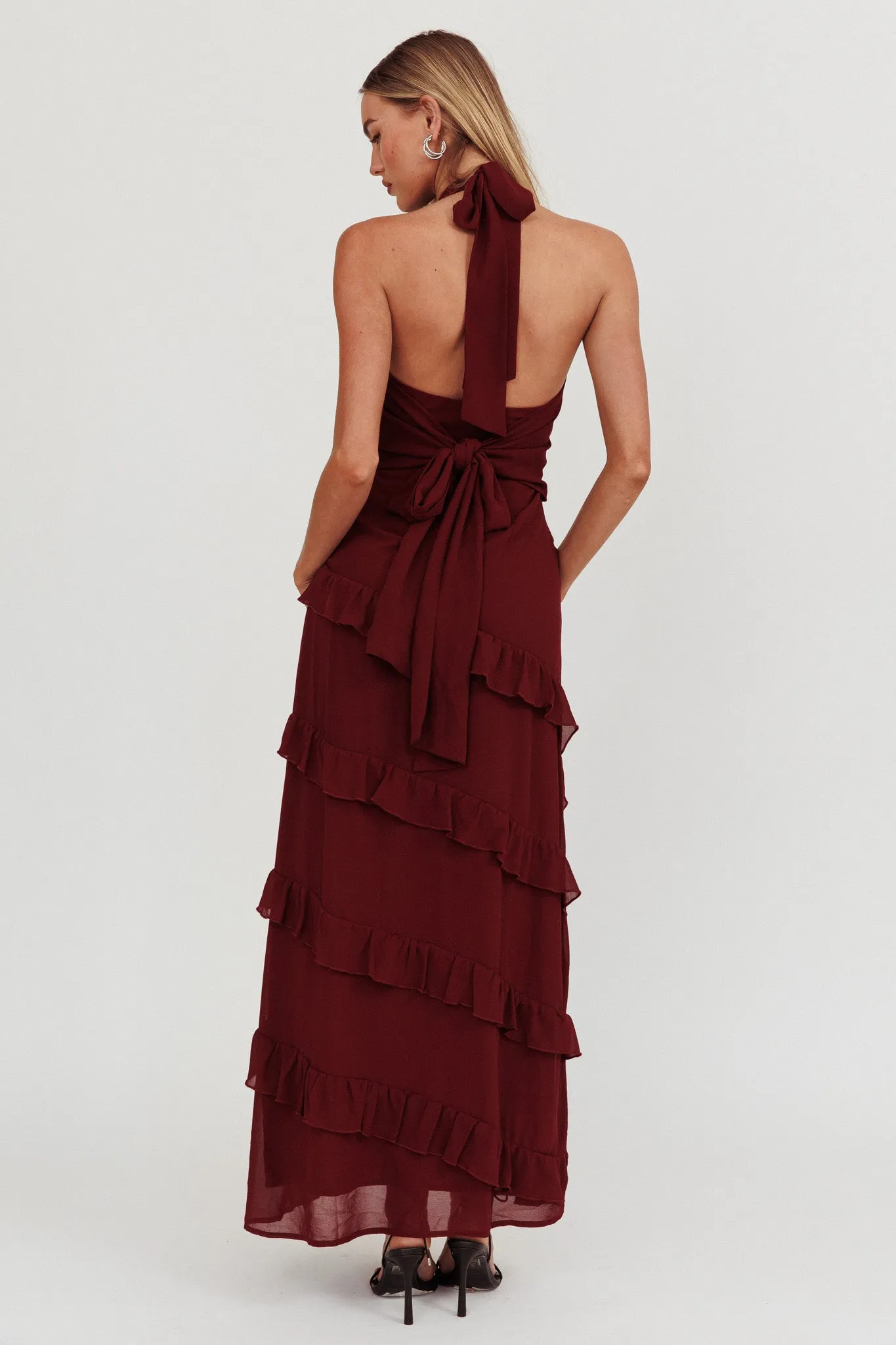 Flirt Frill Trim Halter Maxi Dress Wine sold by Selfie Leslie product image thumbnail 2
