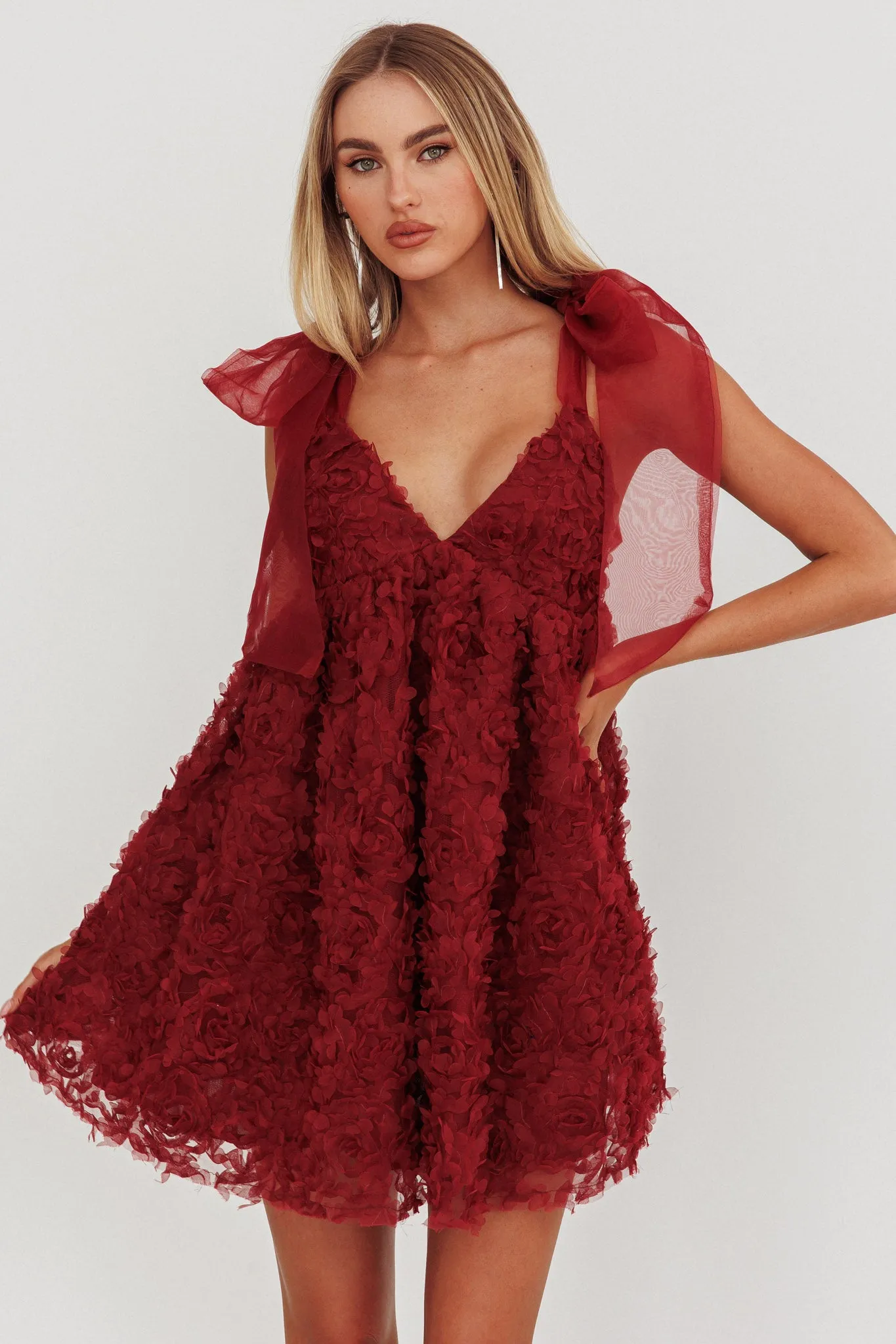 Lisette Tied Shoulder Embellished Mini Dress Wine sold by Selfie Leslie