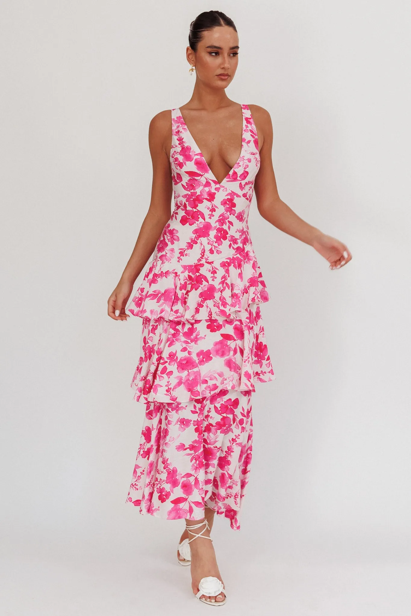 Veda Strappy Back Ruffle Maxi Dress Floral Fuchsia sold by Selfie Leslie product image thumbnail 4
