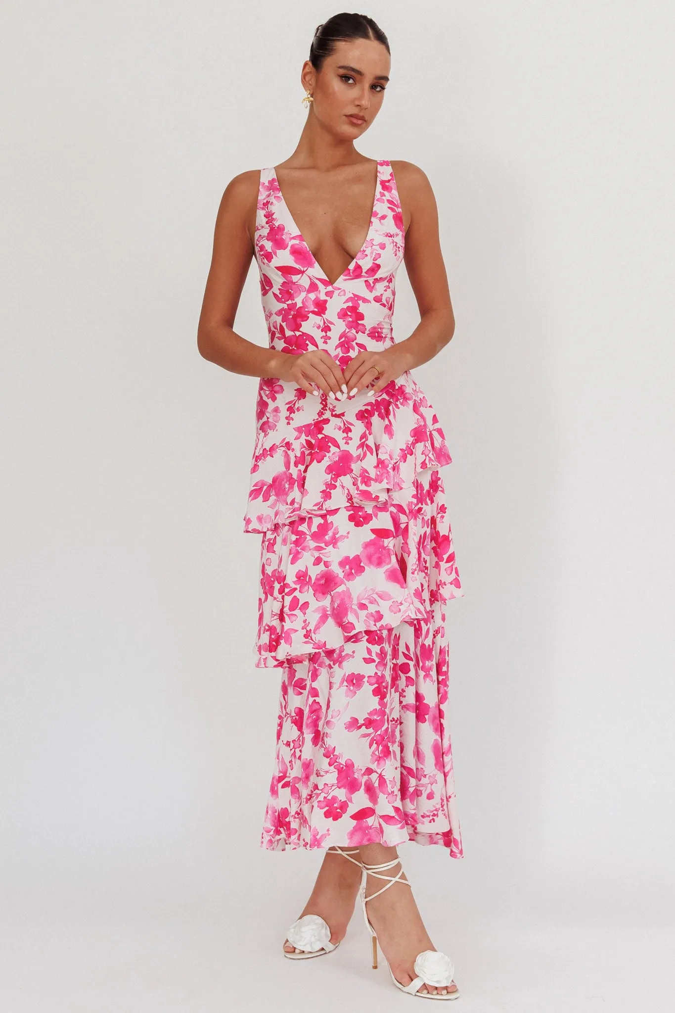 Veda Strappy Back Ruffle Maxi Dress Floral Fuchsia sold by Selfie Leslie product image thumbnail 5