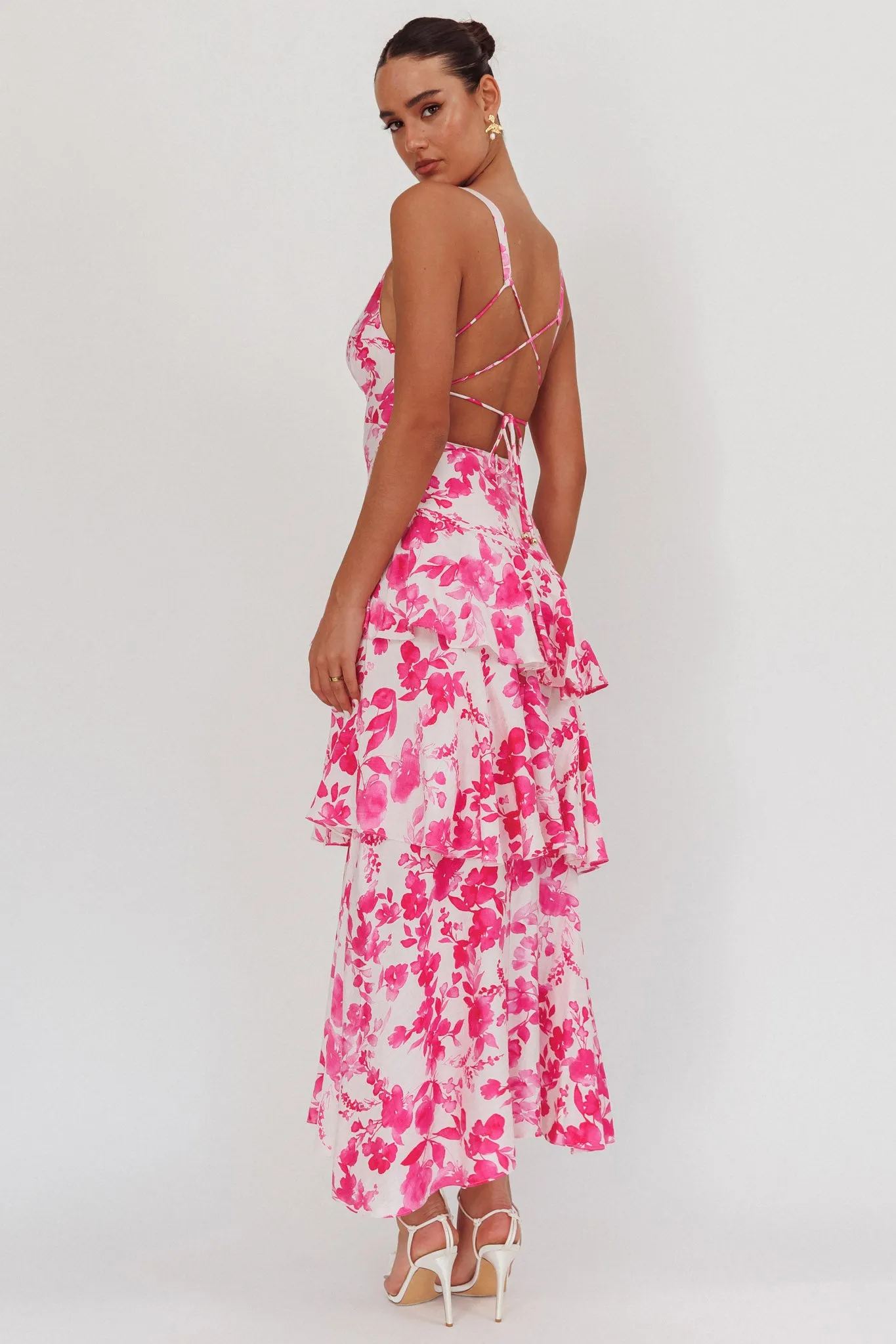 Veda Strappy Back Ruffle Maxi Dress Floral Fuchsia sold by Selfie Leslie product image thumbnail 2