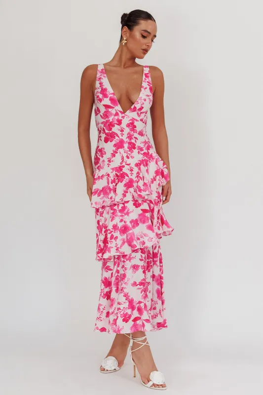 Veda Strappy Back Ruffle Maxi Dress Floral Fuchsia sold by Selfie Leslie