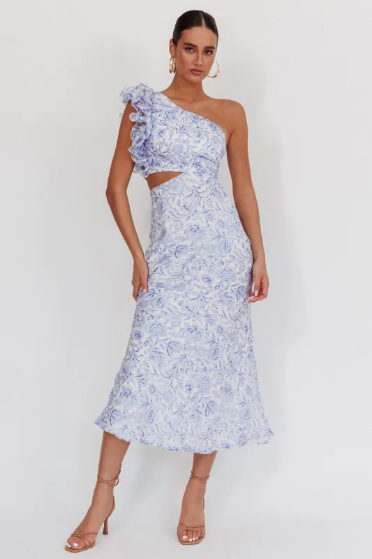 Deanna One-Shoulder Ruffle Midi Dress Floral Blue sold by Selfie Leslie