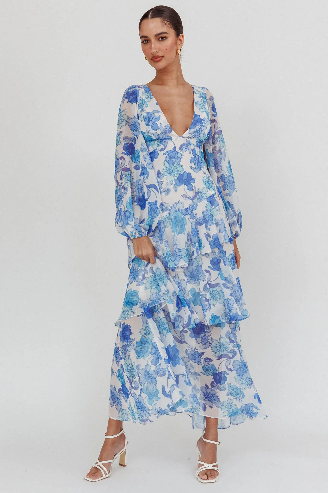 Veda Long Sleeve Floral Tiered Ruffle Maxi Dress Blue sold by Selfie Leslie product image thumbnail 4