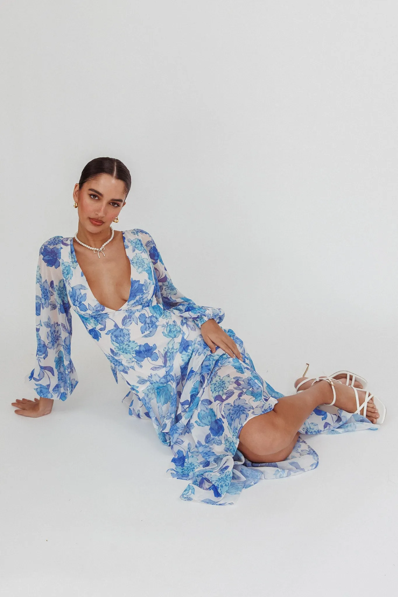 Veda Long Sleeve Floral Tiered Ruffle Maxi Dress Blue sold by Selfie Leslie product image thumbnail 2