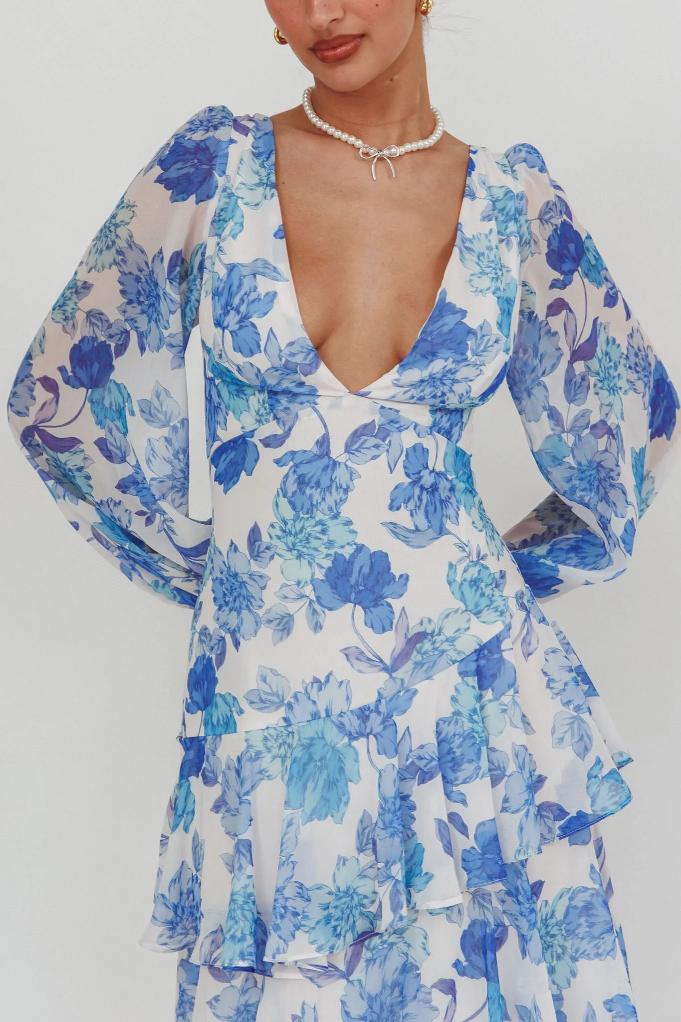 Veda Long Sleeve Floral Tiered Ruffle Maxi Dress Blue sold by Selfie Leslie product image thumbnail 5