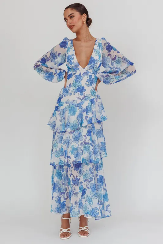 Veda Long Sleeve Floral Tiered Ruffle Maxi Dress Blue sold by Selfie Leslie