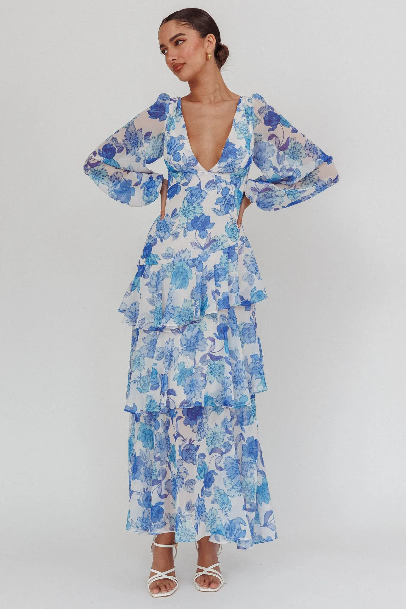 Veda Long Sleeve Floral Tiered Ruffle Maxi Dress Blue sold by Selfie Leslie