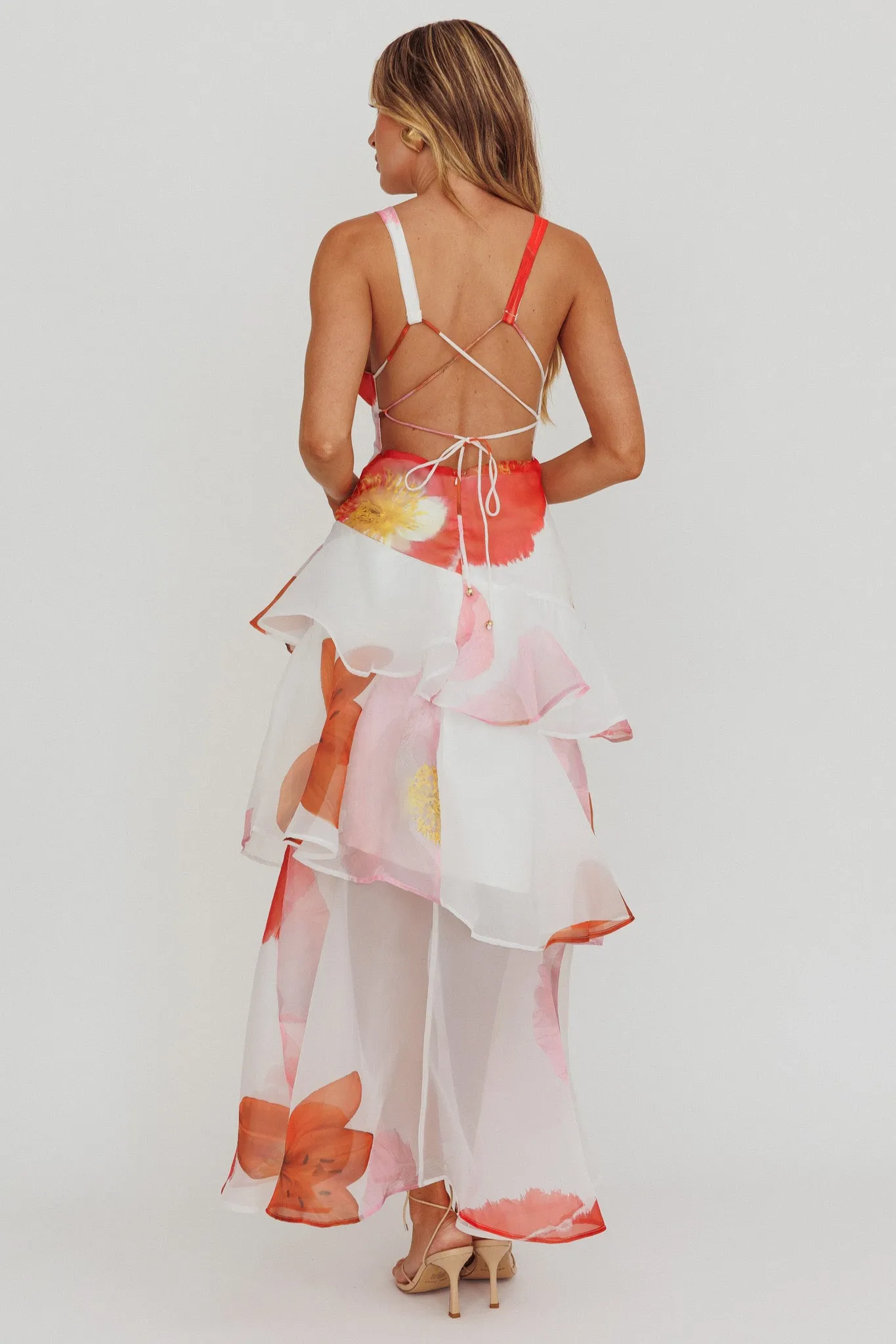 Veda Strappy Back Ruffle Maxi Dress Flowers Pink sold by Selfie Leslie product image thumbnail 3