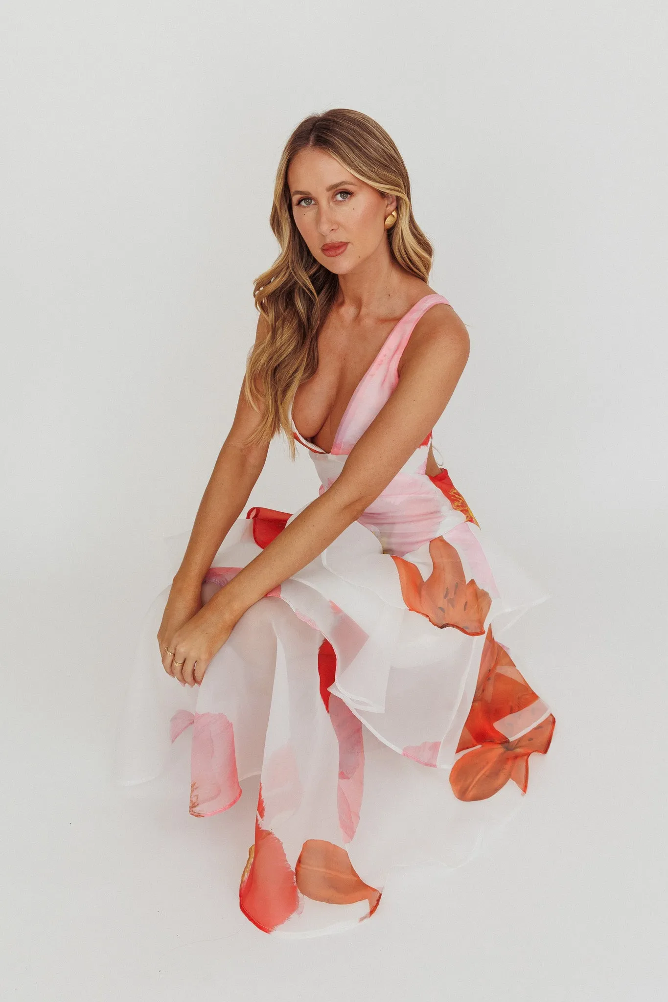 Veda Strappy Back Ruffle Maxi Dress Flowers Pink sold by Selfie Leslie product image thumbnail 2