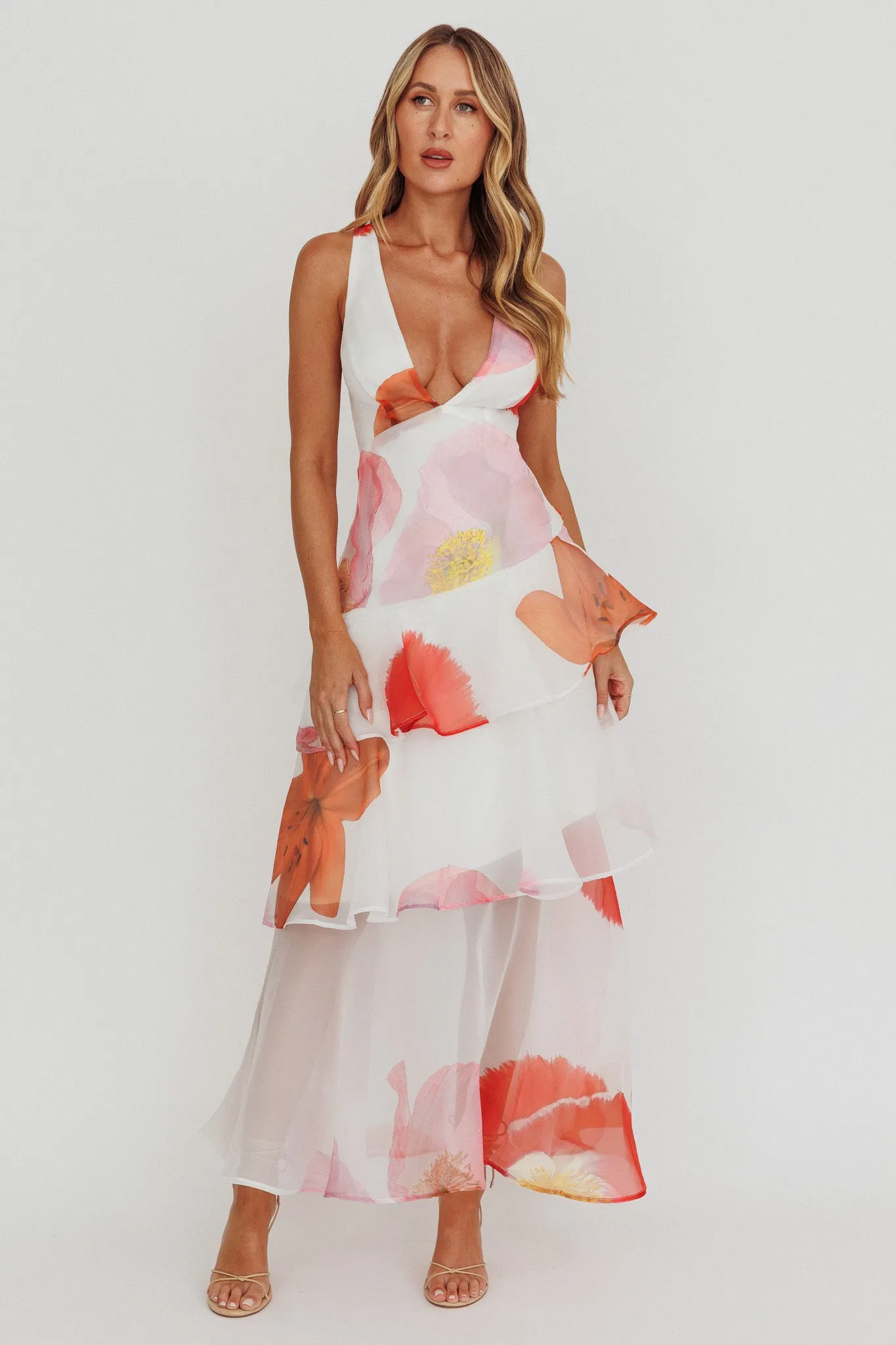 Veda Strappy Back Ruffle Maxi Dress Flowers Pink sold by Selfie Leslie