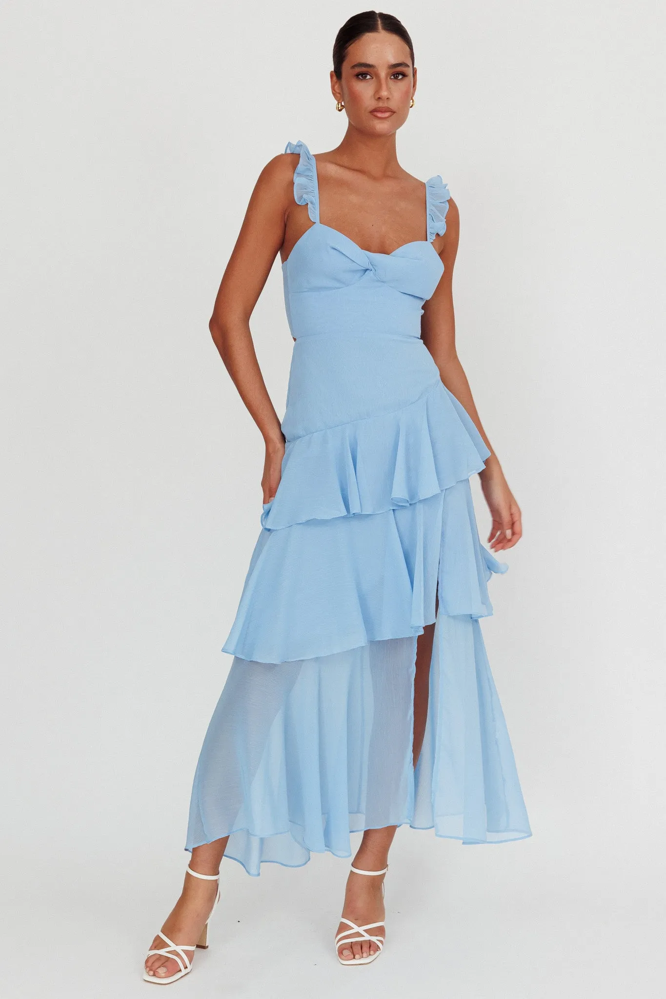 Veda Ruffle Strap Split Maxi Dress Blue sold by Selfie Leslie product image thumbnail 4