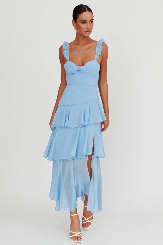 Veda Ruffle Strap Split Maxi Dress Blue sold by Selfie Leslie