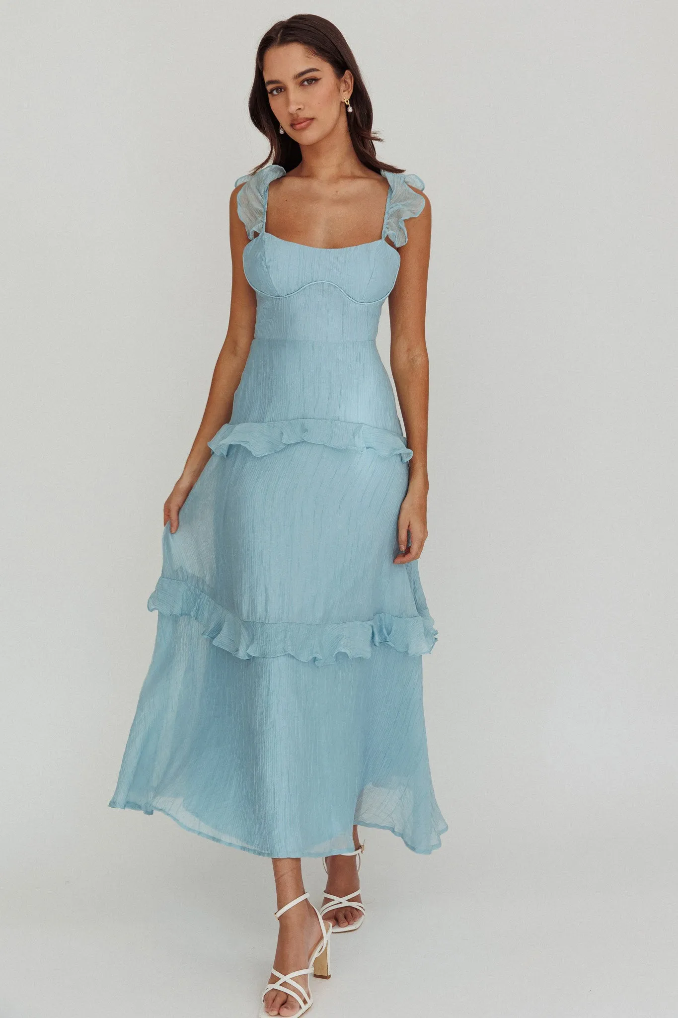 Moonlit Moment Ruffle Trim Lace-Up Back Maxi Dress Blue sold by Selfie Leslie