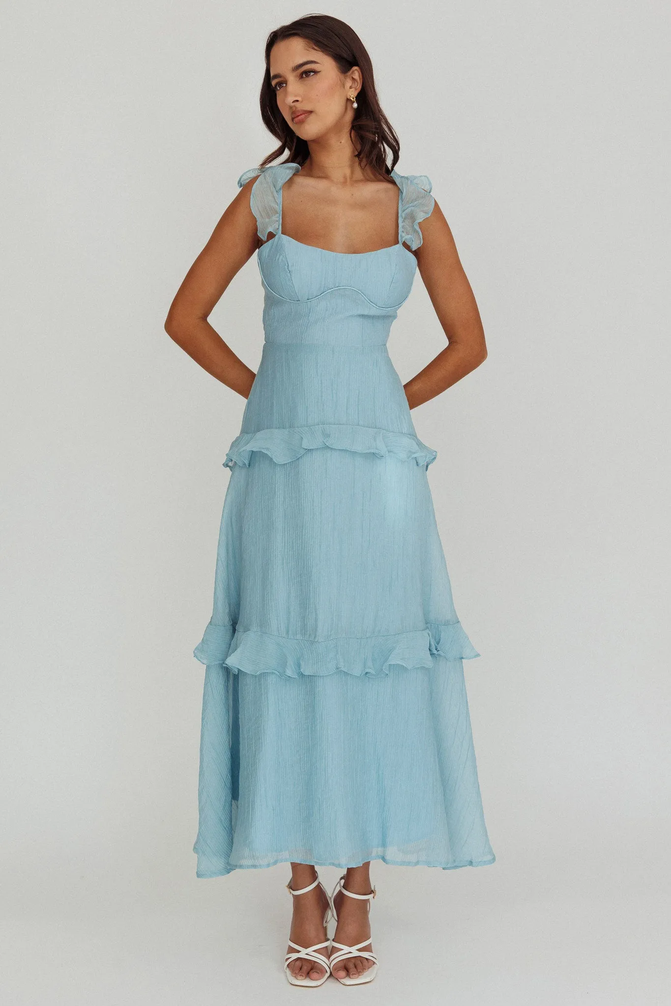 Moonlit Moment Ruffle Trim Lace-Up Back Maxi Dress Blue sold by Selfie Leslie product image thumbnail 5