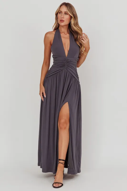 Italia Azure Gathered Waist Maxi Dress Charcoal sold by Selfie Leslie