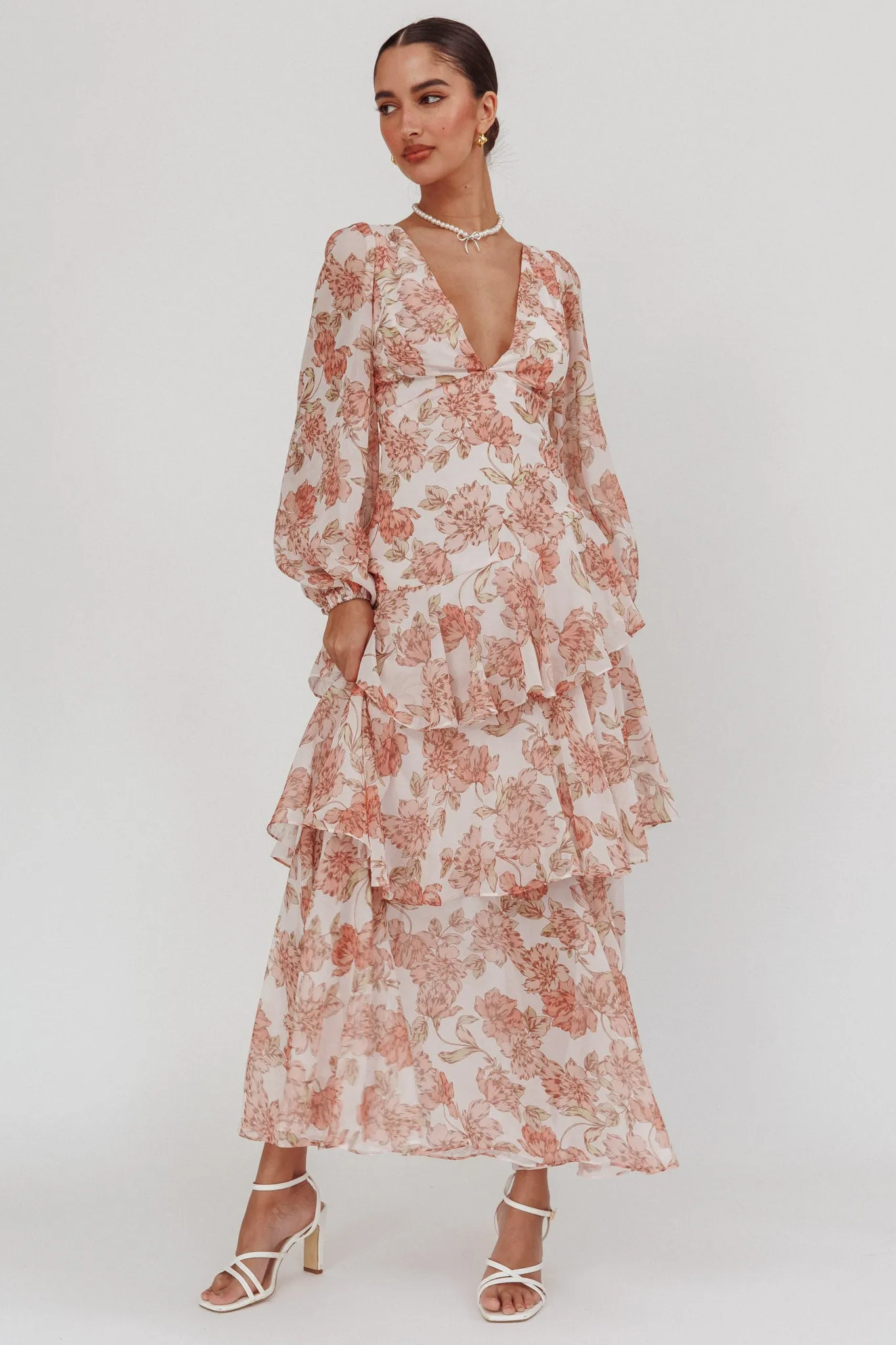 Veda Long Sleeve Floral Tiered Ruffle Maxi Dress Peach sold by Selfie Leslie product image thumbnail 5