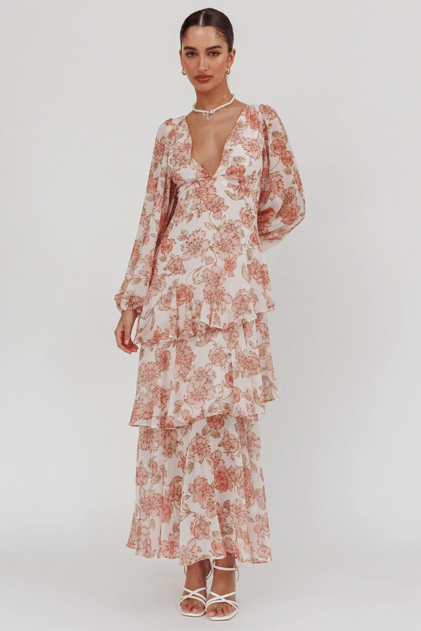 Veda Long Sleeve Floral Tiered Ruffle Maxi Dress Peach sold by Selfie Leslie product image thumbnail 3