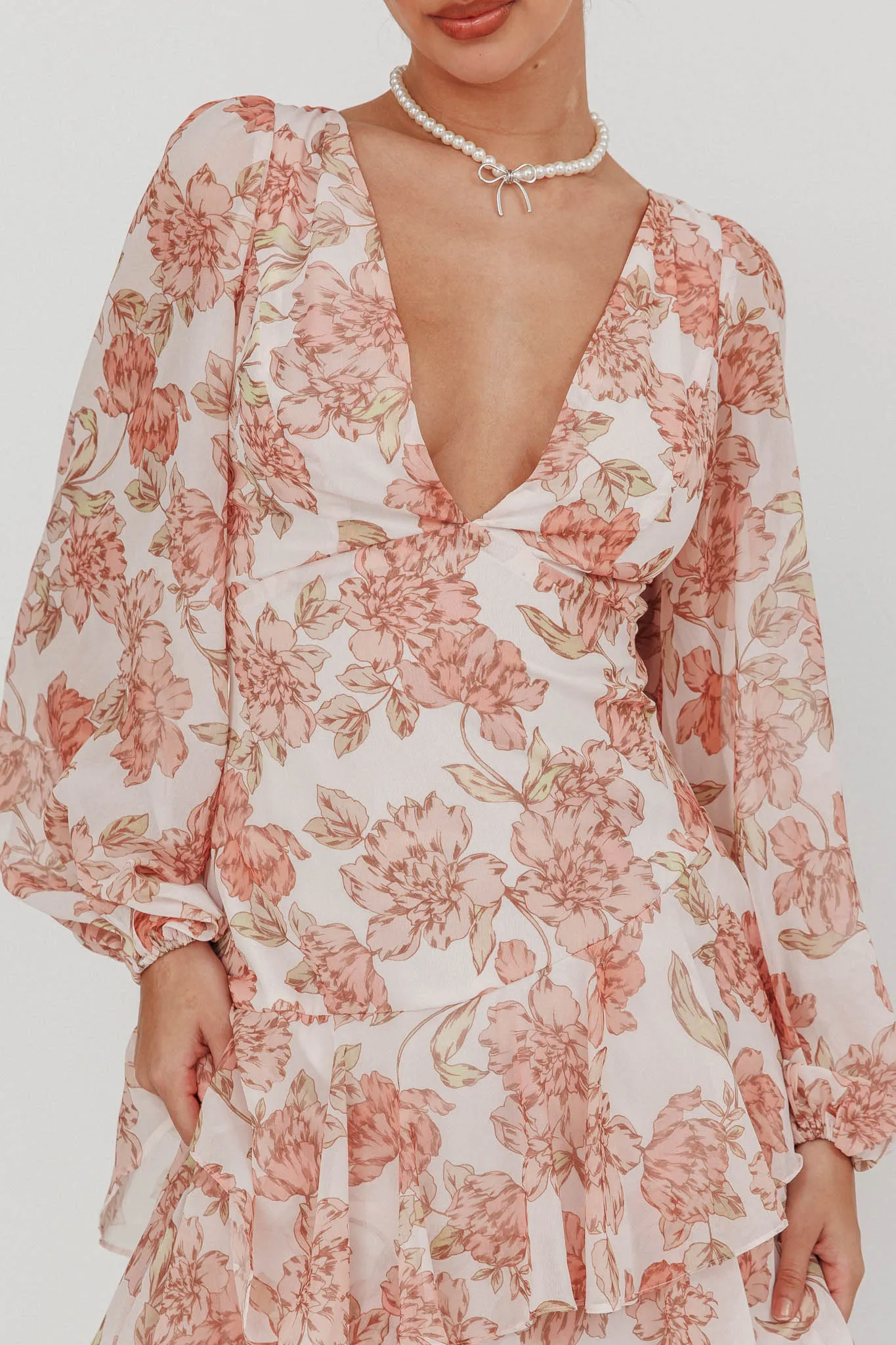Veda Long Sleeve Floral Tiered Ruffle Maxi Dress Peach sold by Selfie Leslie product image thumbnail 4