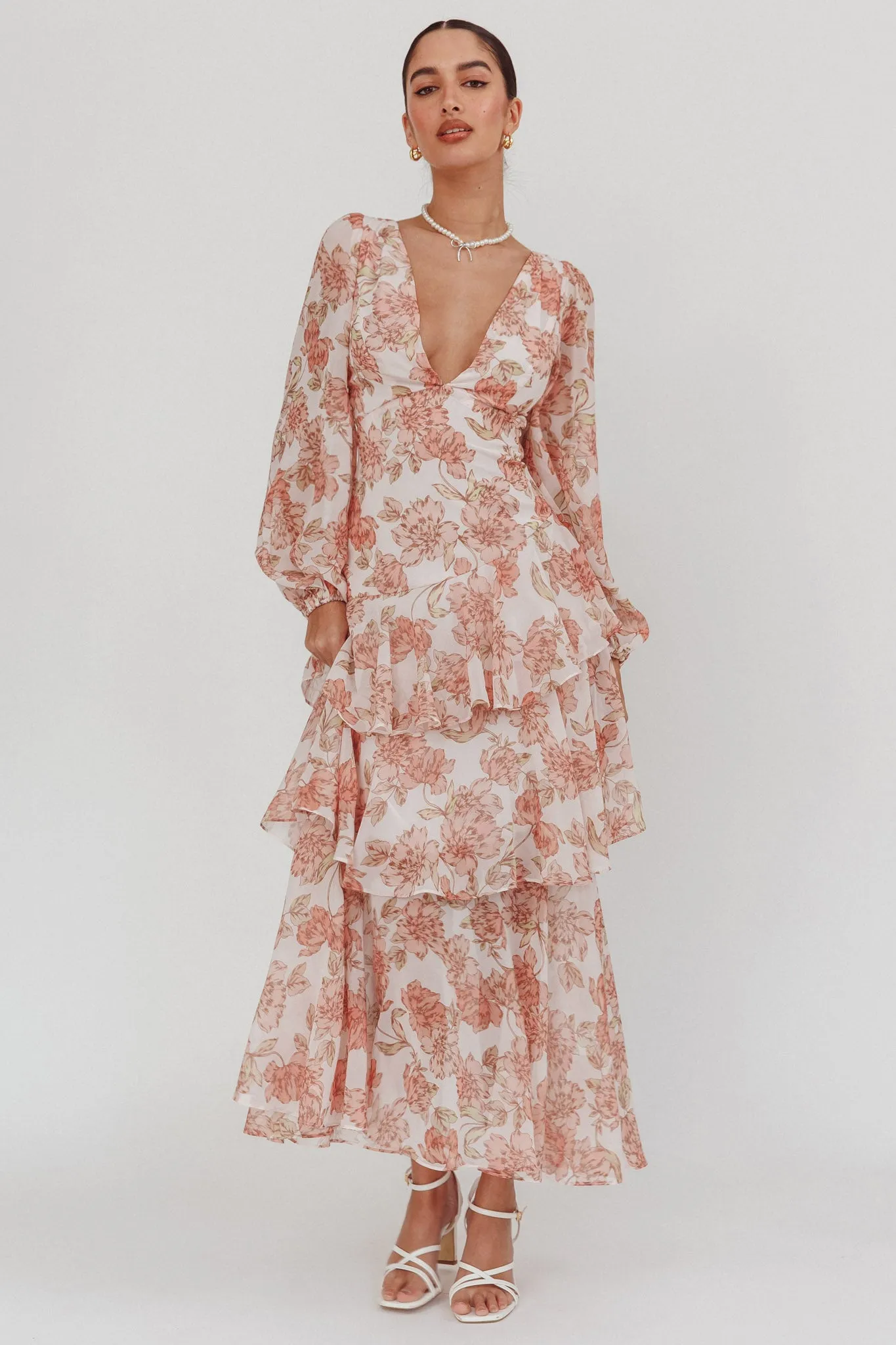 Veda Long Sleeve Floral Tiered Ruffle Maxi Dress Peach sold by Selfie Leslie