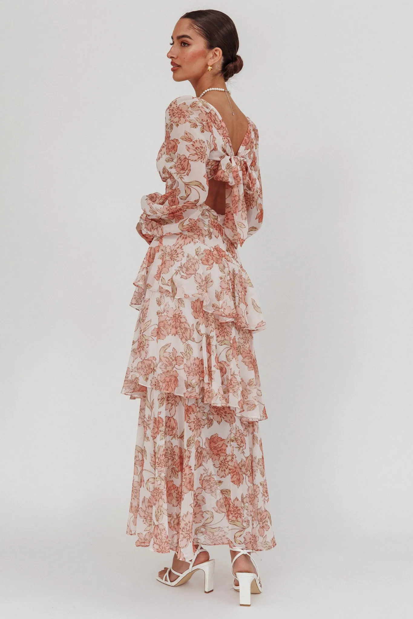 Veda Long Sleeve Floral Tiered Ruffle Maxi Dress Peach sold by Selfie Leslie product image thumbnail 2
