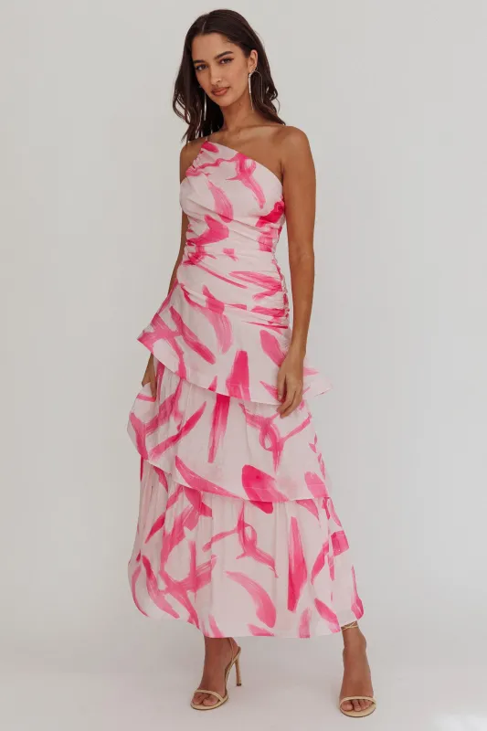 Kenny One Shoulder Tiered Maxi Dress Print Pink sold by Selfie Leslie