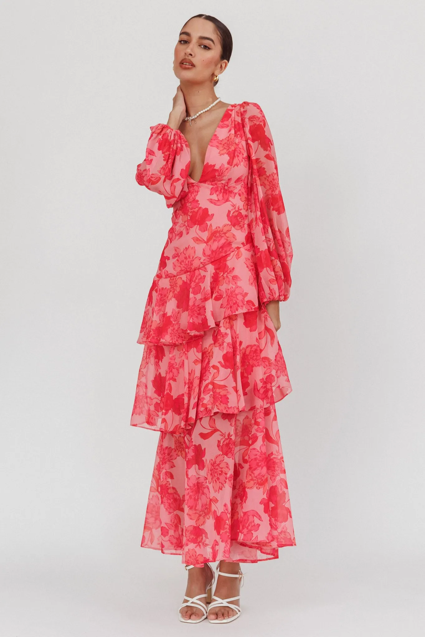 Veda Long Sleeve Floral Tiered Ruffle Maxi Dress Pink sold by Selfie Leslie product image thumbnail 3